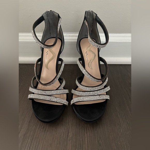Nina Shoes - Nina Black Satin Rhinestone Strappy Heels Sz 7 / EUR 37